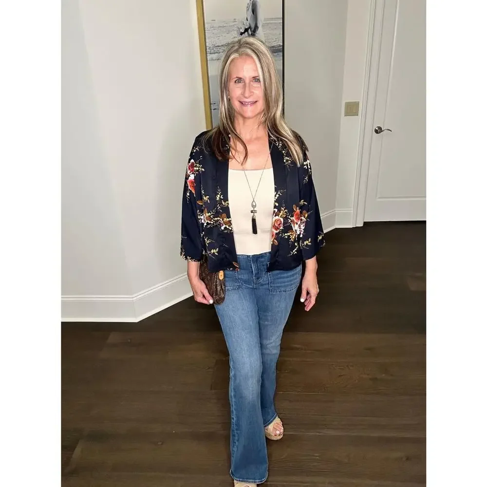 Rose Floral Kimono Blazer - Navy - Limited Quantities - Picture 2 of 5